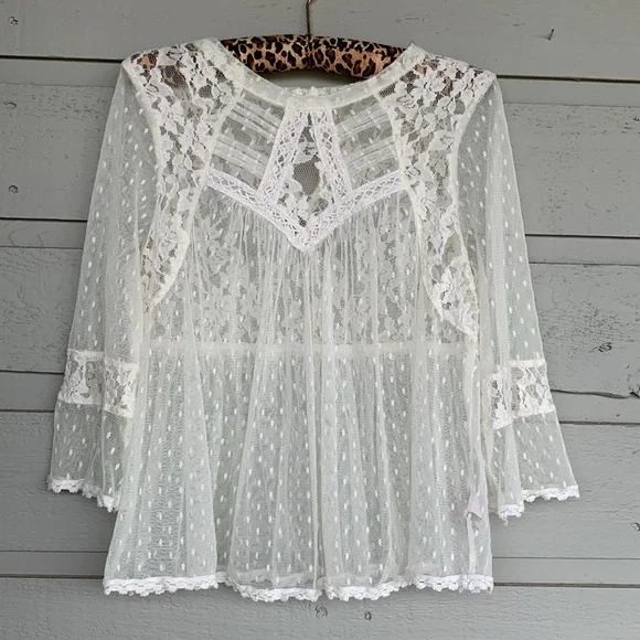 FREE PEOPLE BOHO IVORY/OFF WHITE MODERN ROMANCE SHEER LACE TOP - Picture 12 of 13